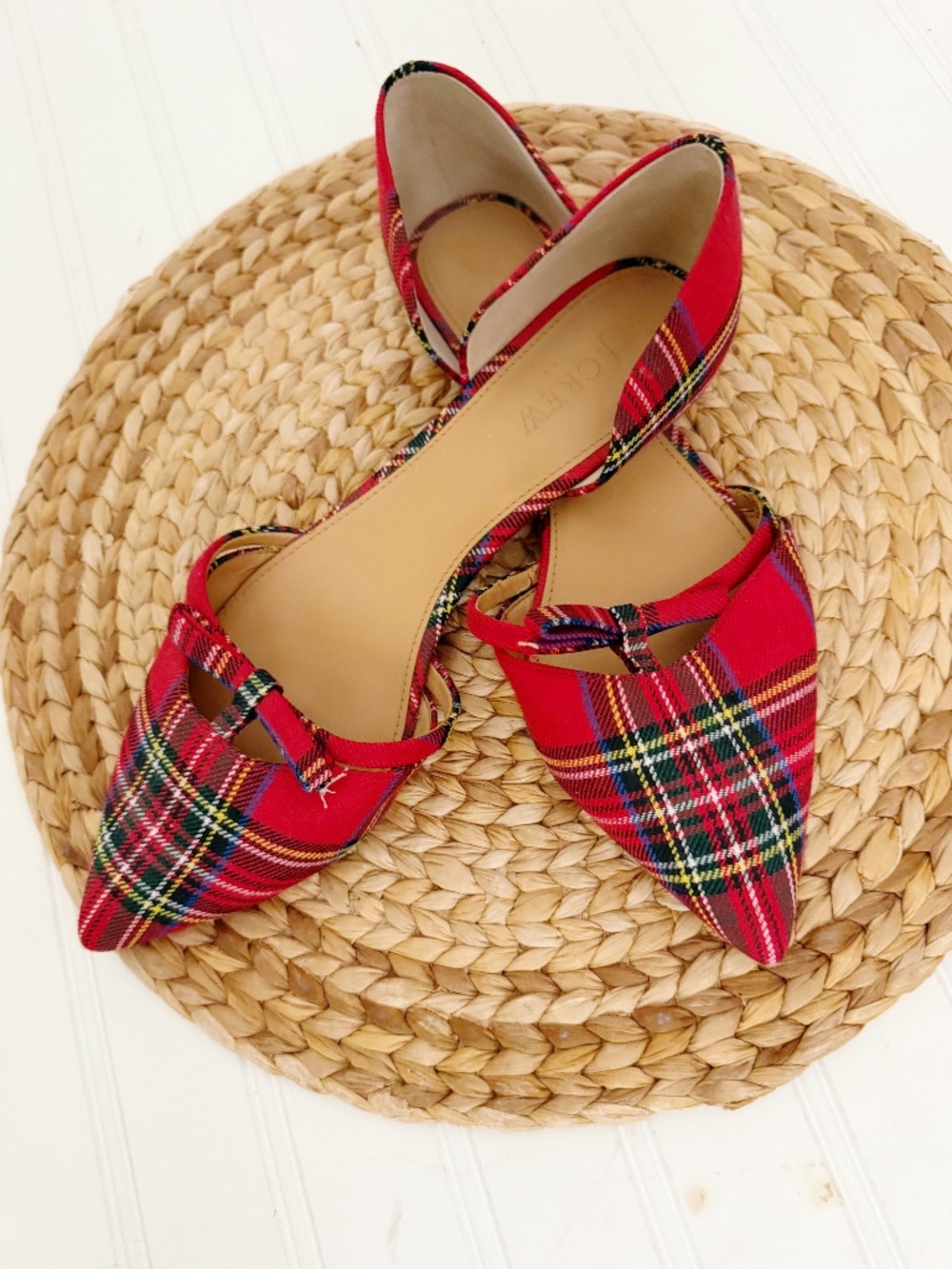 J.Crew Holiday tartan plaid d'Orsay pointed-toe flats delicate bow Red Green